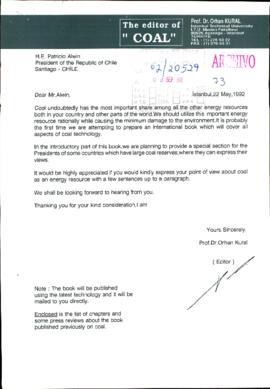 [Carta del editor de revista COAL de Turquía dirigida al Presidente Patricio Aylwin]