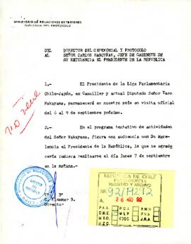 Carta del Director del Ceremonial y Protocolo del Ministerio de RR.EE. sr. C. Klammer B., dirigida al Sr. Carlos Bascuñán, Jefe de Gabinete Presidencial, con referencia a la visita del Presidente de la Liga Parlamentaria Chile-Japón, Diputado Sr. Taro Nakayama