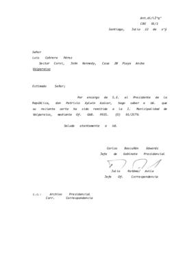 Carta  remitida a la I. Municipalidad de Valparaíso