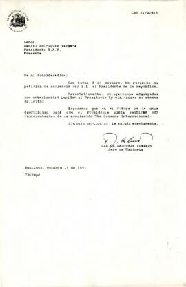 Carta de Carlos Bascuñán Edwards, Jefe de Gabinete Presidencial, a Daniel Rodriguez Vergara, Presidente E.A.P., sobre solicitud de audiencia con el Presidente de la República