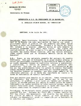 Transcripción de la entrevista al Presidente Patricio Aylwin Azócar realizada por la cadena mexicana Imevisión el 4 de julio de 1991 en Santiago