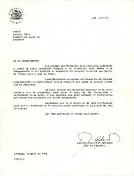 Carta de Carlos Bascuñán Edwards, Jefe de Gabinete Presidencial, a Patricio Silva, Ministro de Salud (s), sobre invitación al Presidente de la República a inauguración de ampliación del Hospital Herminda Martín de Chillán