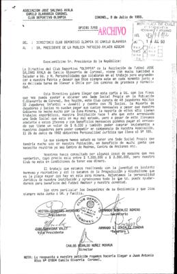 Carta solicita apoyo economico para el Club Deportivo Olimpia de Coronel] -  Archivo Patrimonial Universidad Alberto Hurtado