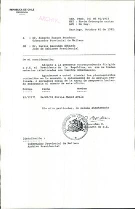[Carta del Jefe de Gabinete de la Presidencia a Gobernador Provincial de Malleco]