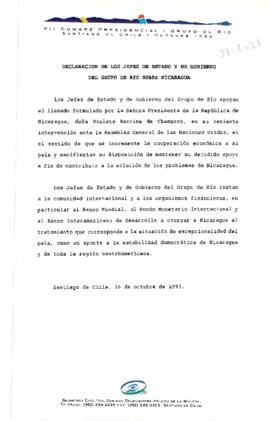 [Declaración de la VII Cumbre Presidencial del Grupo de Río sobre Nicaragua]