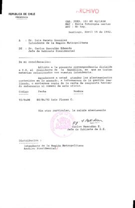 [Carta del Jefe de Gabinete de la Presidencia a Intendente de la Región Metropolitana]