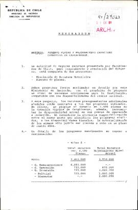 [Memorandum: Aumento plazas y mejoramiento capacidad operativa de Carabineros]