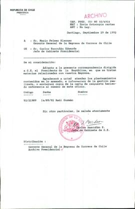 [Carta del Jefe de Gabinete de la Presidencia a Gerente General de Correos de Chile]