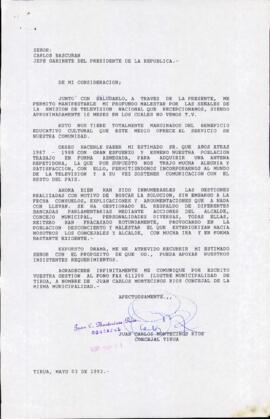 [Carta de Concejal de Tirúa con respecto a solicitud de intervención por fallas de la señal de Televisión Nacional de Chile en Tirúa]