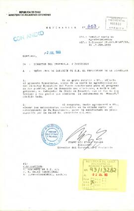Memorándum Nº653 del Ministerio de Relaciones Exteriores, del Director del Ceremonial y Protocolo, sr. Francisco Pérez Walker, dirigido al sr. Jefe de Gabinete de S.E. El Presidente de la República