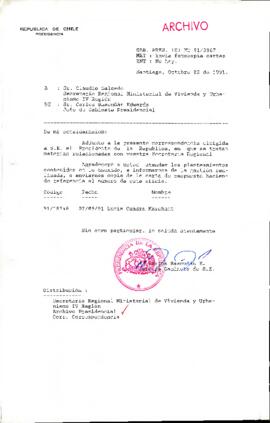 [Oficio del Jefe de Gabinete Presidencial dirigido al Secretario Regional Ministerial de Vivienda y Urbanismo de la IV Región]