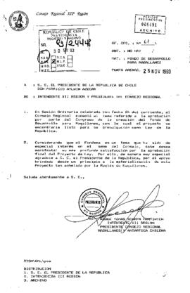Oficio Ord. Nº 61 enviado por el Intendente de la XII Región y Presidente del Consejo Regional al Presidente de la República, informando el acuerdo adoptado por el Consejo Regional respecto de la aprobación del Fondo de Desarrollo para Magallanes por parte del Congreso