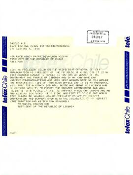 Telegrama enviado desde Monrovia por el Presidente de la República de Liberia, Dr. Samuel Kanyon Doe, dirigido al Presidente Patricio Aylwin