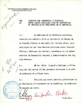 Comunicación del Director del Ceremonial y Protocolo a Carlos Bascuñán, Jefe de Gabinete Presidencial, sobre solicitud de audiencia para Gustavo Béliz, Secretario de Estado de la Función Pública de la República Argentina