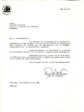 Carta de Carlos Bascuñán, Jefe de Gabinete Presidencial, a Manfred Wilhelmy, Director Corporación Libertas, sobre invitación a cierre de encuentros con la prensa