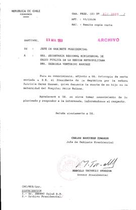 [Oficio  Gab. Pres. Ord. N° 3989 de Jefe de Gabinete Presidencial, remite copia de carta que se indica]