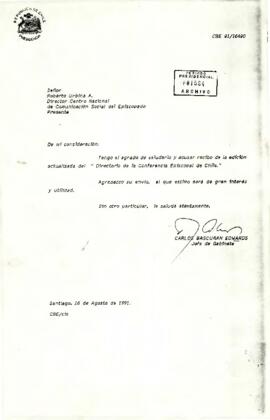 Carta de Carlos Bascuñán Edwards, Jefe de Gabinete Presidencial, a Roberto Urbina A., Director Centro Nacional de Comunicación Social del Episcopado