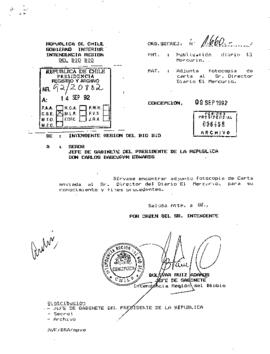 Ord. Secrej Nº1660 desde la Intendencia Región del Bío Bío, del Jefe de Gabinete, sr. Bolívar Ruiz Adaros al sr. Carlos Bascuñán Edwards, Jefe de Gabinete Presidencial