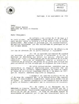 Carta de Patricio Aylwin Azocar, Presidente de la República, a José Miguel Barros, Embajador de Chile en Francia, sobre evaluación de gestión diplomática y continuidad en el cargo