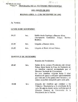 Programa de la VI Cumbre Presidencial del grupo de Río Buenos Aires, 1 y 2 de diciembre de 1992.