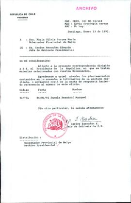 [Carta del Jefe de Gabinete de la Presidencia a Gobernadora Provincial de Maipo]
