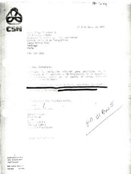 Carta desde la Confederación de Sindicatos Nacionales, de su Presidente sr. Gérald Larose y Vice Presidente, dirigida al sr. Diego Olivares A. Primer Vicepresidente de la Central Unitaria de Trabajadores, Chile