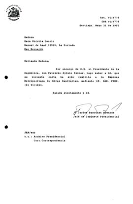 [Informa que carta fue remitida a la Empresa Metropolitana de Obras Sanitarias, mediante Of. GAB. PRES. (0) 91/1833]