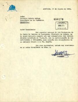 [Carta de Diputado Claudio Huepe dirigida al Presidente entregando antecedentes de cabildo abierto de Población  Laraquete, Arauco]