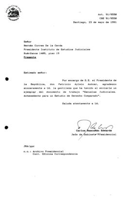 Carta agradece el envío de  un ejemplar del documento de trabajo "Escuelas Judiciales. Antecedente para un Estudio de Derecho Comparado".