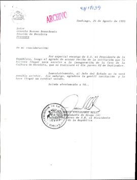 [Respuesta del Jefe de Gabinete de la Presidencia a Alcalde de Recoleta por invitación a la inauguración de la Casa de la  Cultura de Recoleta]