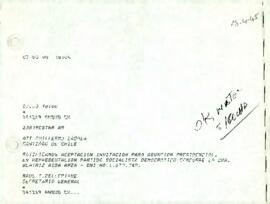 Mensaje del Secretario General, Raúl T. Dellepiane, en representación del Partido Socialista Democrático, aceptando la invitación de Patricio Aylwin Azócar para su ceremonia de asunción presidencial