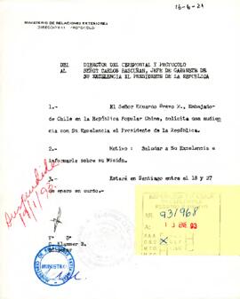 Carta del Director del Ceremonial y Protocolo del Ministerio de RR.EE. sr. C. Klammer B., dirigida al Señor Carlos Bascuñán, Jefe de Gabinete de su Excelencia el Presidente de la República, con referencia al Embajador de Chile en República Popular China