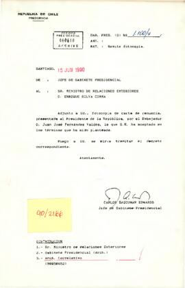 Carta del Jefe de Gabinete Presidencial, Carlos Bascuñán Edwards, dirigida al Ministro de RR.EE, sr. Enrique Silva Cimma