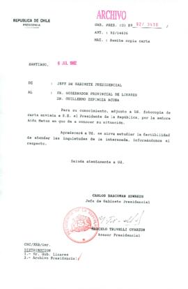 [Carta del Jefe de Gabinete de la Presidencia a Gobernador Provincial de Linares]