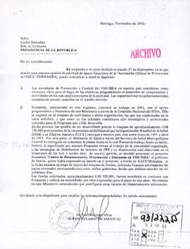 [Carta del Subsecretario de Salud dirigida al Jefe de Gabinete Presidencial, referente a solicitud de apoyo financiero de la "Asociación Chilena de Prevención del SIDA" FRENASIDA]