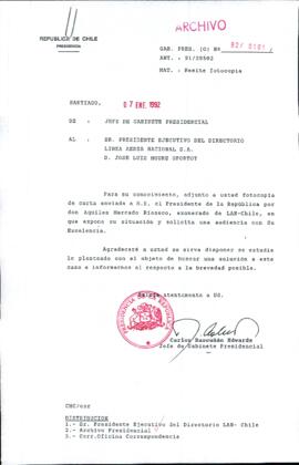 [Carta del Jefe de Gabinete de la Presidencia a Presidente Ejecutivo de LAN Chile]