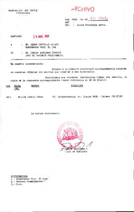[Se remite fotocopia de correspondencia a Gobernador Provincial del Loa]