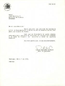 Carta de Carlos Bascuñán Edwards, Jefe de Gabinete Presidencial, dirigida a Juan Hamilton D., Ministro de Minería, con referencia a una audiencia solicitada por mineros de SONAMI