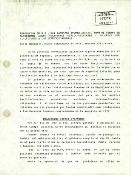 Exposición de S.E. Don Patricio Aylwin Azócar, ante el Cuerpo de Almirantes sobre relaciones cívico-militares y procesos por violaciones a los Derechos Humanos