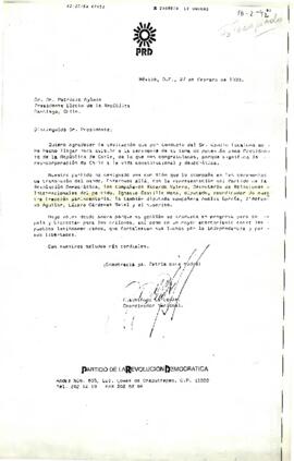 Carta desde el Partido de la Revolución Democrática, México, de su Coordinador Nacional, Cuauhtémoc Cárdenas, dirigida al Presidente electo de la República de Chile, sr. Patricio Aylwin Azócar