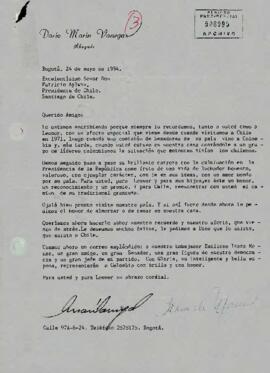 Carta del Abogado, sr. Darío Marín Vanegas dirigida al Excelentísimo Señor Don Patricio Aylwin, Presidente de Chile