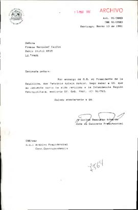 Carta remitida a la Intendencia Región Metropolitana, mediante Of. SÁB. PRES.