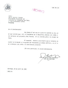 [Carta del Jefe de Gabinete de la Presidencia a Presidente Provincial del Comando de Pobladores de Talca]
