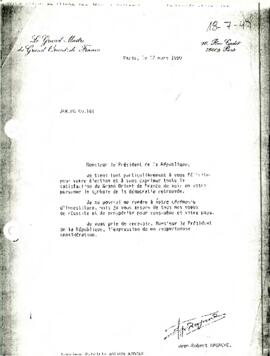 Fax del sr. Jean-Robert RAGACHE, Gran Maestro [Masón] de la Grand Orient de France, dirigido a Monsieur le Président de la Républíque [Patricio Aylwin Azócar]