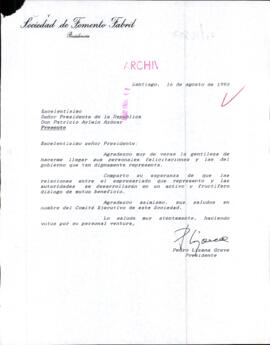 [Carta del Presidente electo de la Sociedad de Fomento Fabril, Pedro Lizana en respuesta al Pdte. Aylwin por felicitación]