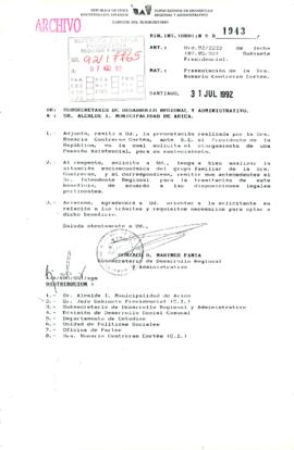 [Oficio de la Subsecretaria de Desarrollo Regional y Administrativo dirigido al Alcalde Arica referente a solicitud ciudadana de pensión asistencial]