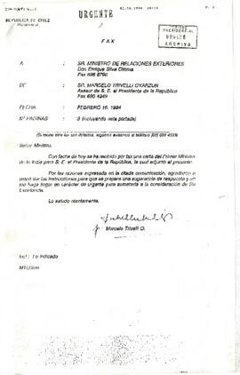 Fax del sr. Marcelo Trivelli, Asesor de S. E. el Presidente de la República, dirigido al sr. Ministro de Relaciones Exteriores, Dn. Enrique Silva Cimma, con referencia a una carta recibida desde Nueva Delhi, de parte del Primer Ministro de la India, sr. Narasimha Rao