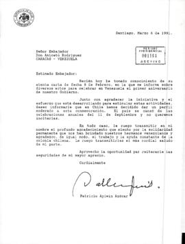 [Carta del Presidente Aylwin al Embajador de Chile en Venezuela, contestando carta del 8 de Febrero].