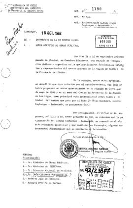 Ord. Nº 1756 del Intendente de la XI Región de Aysén, Héctor Morales Ramírez, dirigida al señor Ministro de Obras Públicas