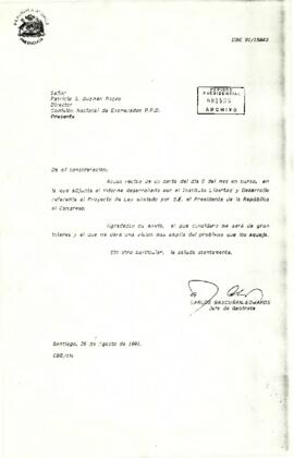 Carta de Carlos Bascuñán Edwards, Jefe de Gabinete Presidencial, a Patricio G. Guzmán Bozzo, Director de la Comisión Nacional de Exonerados P.P.D.